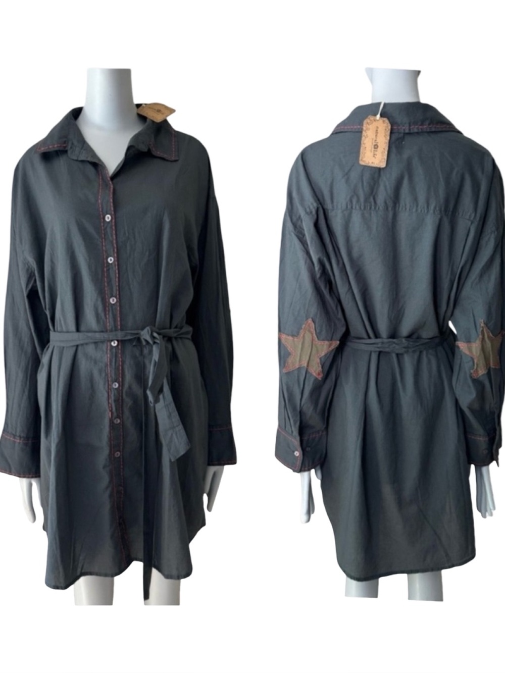 NWT NATURAL LIFE Cotton Button Front Shirt Dress With Embroidered Star Patches M - Picture 1 of 15